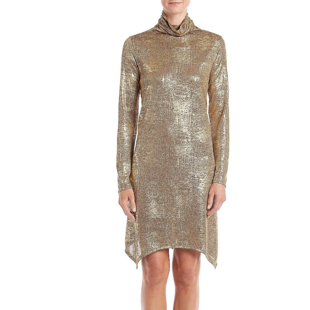 Womens Fever Gold Metallic Turtleneck Long Sleeve Dress Size Large NWT - Picture 2 of 4